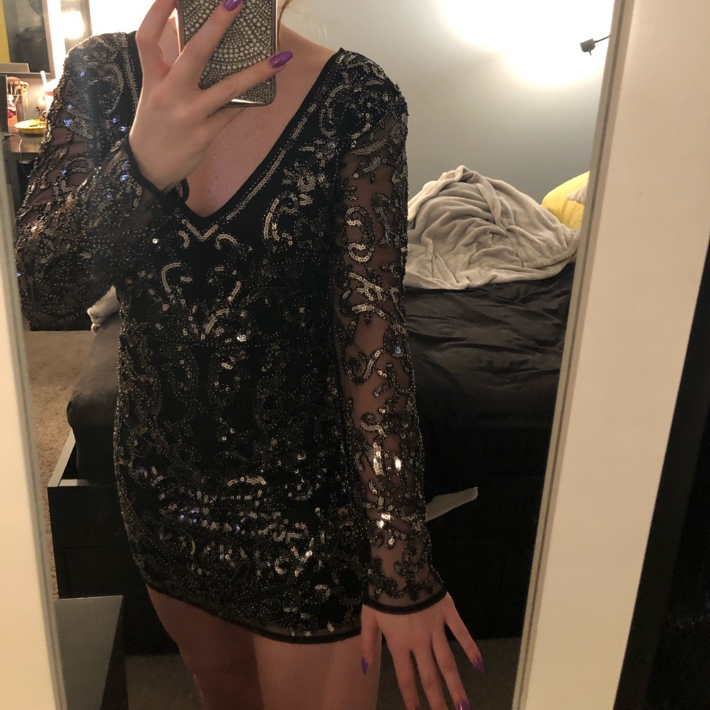black lace and sequin mini dress